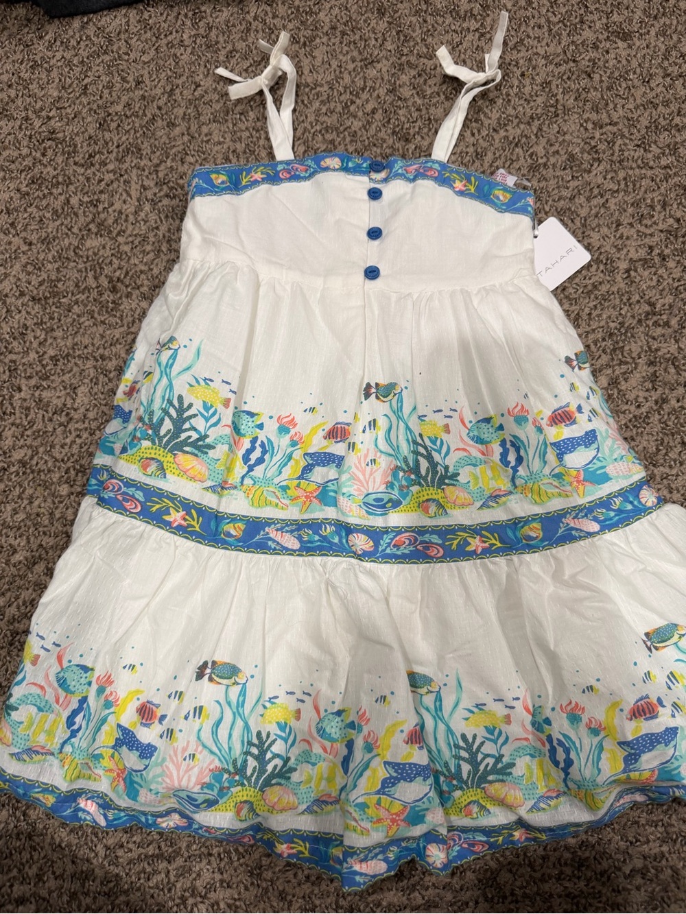 Tahari White Sundress with Blue and Multicolor Sea Life Trim